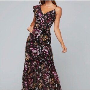 BEBE Splendid Garden Draped Ruffle Maxi Floral Dress Bohemian Romantic 4 # 422